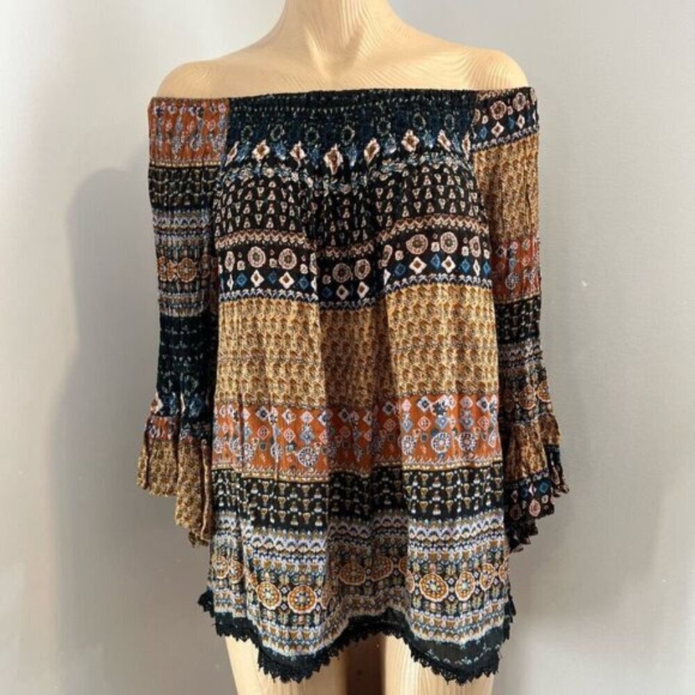 Zola Earthly Fashions Boho Off Shoulder Floral Blouse Top Bell Sleeve Size Small